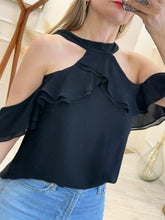 Cargar imagen en el visor de la galería, VALESKA – Blusa negra halter con olanes