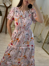 Cargar imagen en el visor de la galería, PERSÉFONE – Maxi vestido blanco con estampado floral rosa