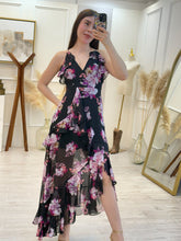 Cargar imagen en el visor de la galería, PALOMA - Maxi vestido negro estampado