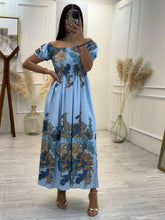 Cargar imagen en el visor de la galería, TÁLASA – Maxi vestido azul floral con smock