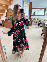 Cargar imagen en el visor de la galería, LARISSA - Maxi vestido azul petroleo estampado floral
