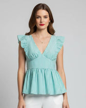 Cargar imagen en el visor de la galería, LORRAINE - blusa peplum de escote en v con rayas verticales verde menta y volantes en los hombros.