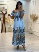 Cargar imagen en el visor de la galería, TÁLASA – Maxi vestido azul floral con smock
