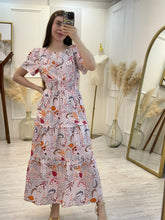 Cargar imagen en el visor de la galería, PERSÉFONE – Maxi vestido blanco con estampado floral rosa