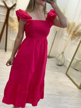Cargar imagen en el visor de la galería, FLAVIA – Vestido midi fucsia con olanes