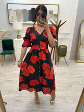 Cargar imagen en el visor de la galería, BRENDA - Vestido midi flores rojas