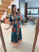 Cargar imagen en el visor de la galería, DOMINGA - Maxi vestido azul petróleo estampado