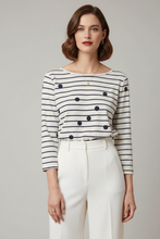 Cargar imagen en el visor de la galería, ELOISA - blusa blanca con rayas negras y lunares, manga tres cuartos.