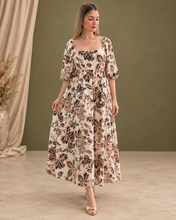 Cargar imagen en el visor de la galería, CALIPSO - Maxi vestido estampado blanco con café