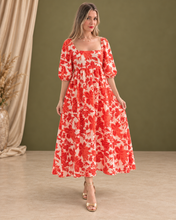 Cargar imagen en el visor de la galería, CANDELARIA - Maxi vestido estampado blanco con naranja