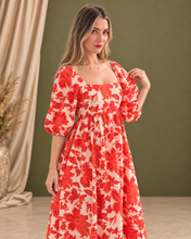 Cargar imagen en el visor de la galería, CANDELARIA - Maxi vestido estampado blanco con naranja