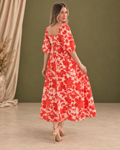 Cargar imagen en el visor de la galería, CANDELARIA - Maxi vestido estampado blanco con naranja
