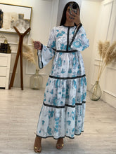 Cargar imagen en el visor de la galería, PRIMAVERA - Maxi vestido blanco estampado azul detalles negros