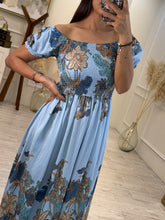 Cargar imagen en el visor de la galería, TÁLASA – Maxi vestido azul floral con smock
