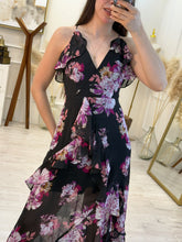 Cargar imagen en el visor de la galería, PALOMA - Maxi vestido negro estampado
