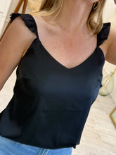 Cargar imagen en el visor de la galería, DIANA  – Blusa negra satinada con tirantes de olán