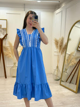 Cargar imagen en el visor de la galería, ELENIA - Vestido midi azul con detalles blancos