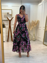Cargar imagen en el visor de la galería, BETSA - Maxi vestido negro flores violetas